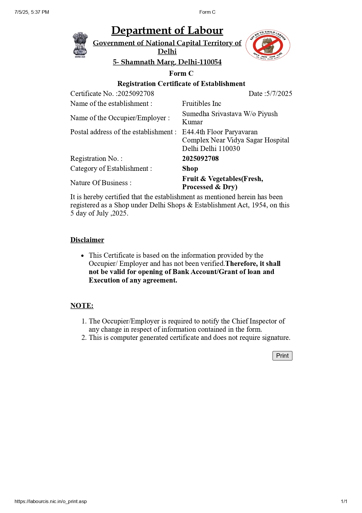 Registration Certificate of Establishment